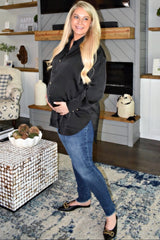 Black Satin Button Up Maternity Blouse
