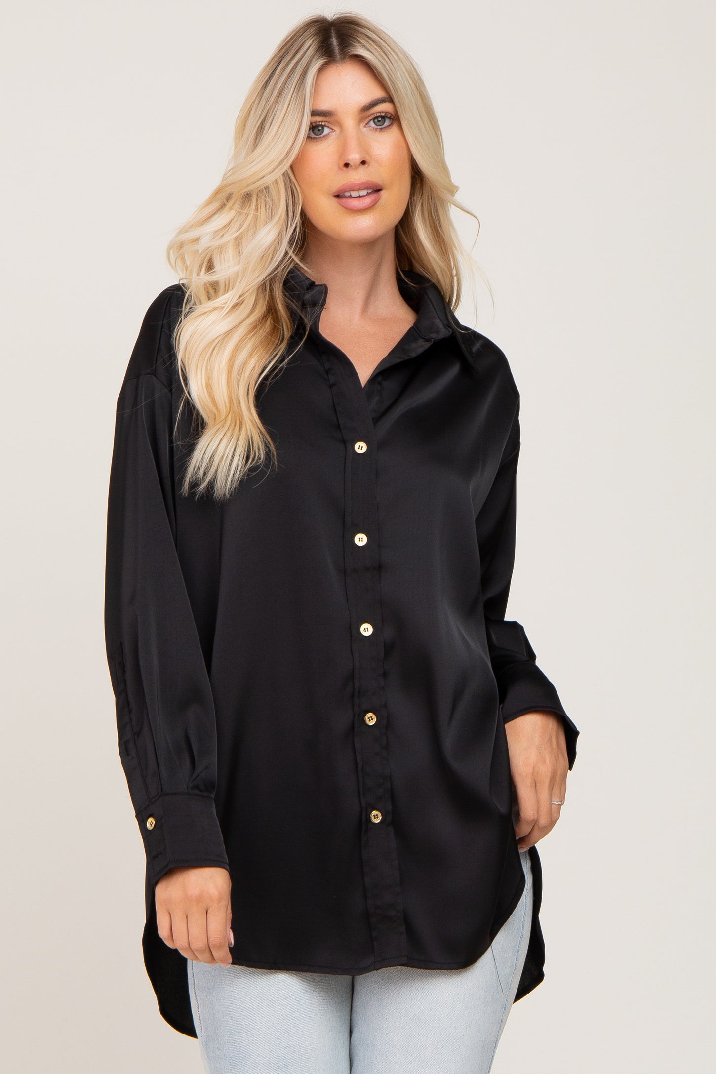 Black Satin Button Up Maternity Blouse PinkBlush Black Satin Button Up Maternity Blouse PinkBlush