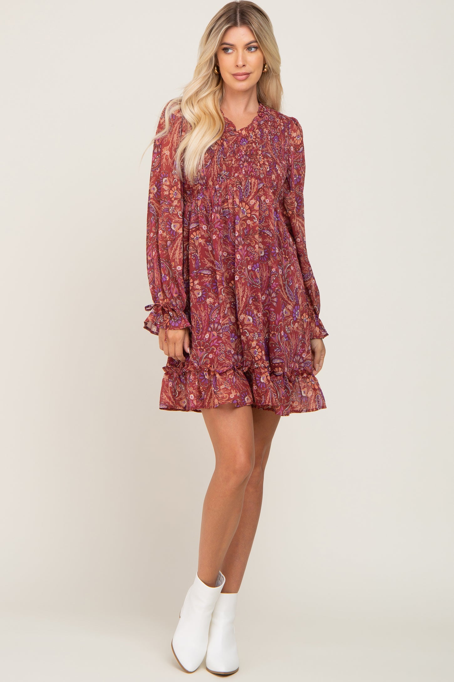 Burgundy Paisley Print Long Sleeve Dress