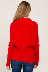 woman wearing a red maternity sweater with a relaxed fit and long sleeves, shown from the back