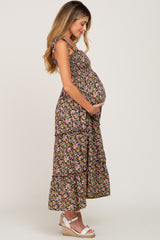 Black Multi-Color Floral Sleeveless Tiered Maternity Maxi Dress