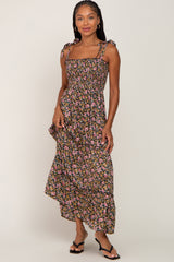 Black Multi-Color Floral Sleeveless Tiered Maternity Maxi Dress