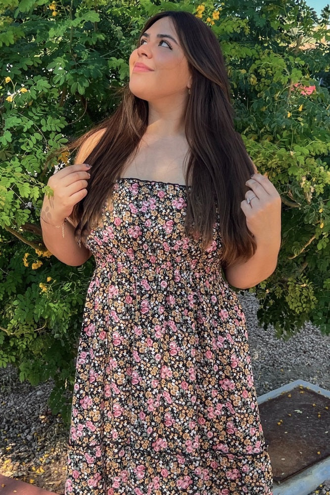 Black Multi-Color Floral Sleeveless Tiered Maxi Dress