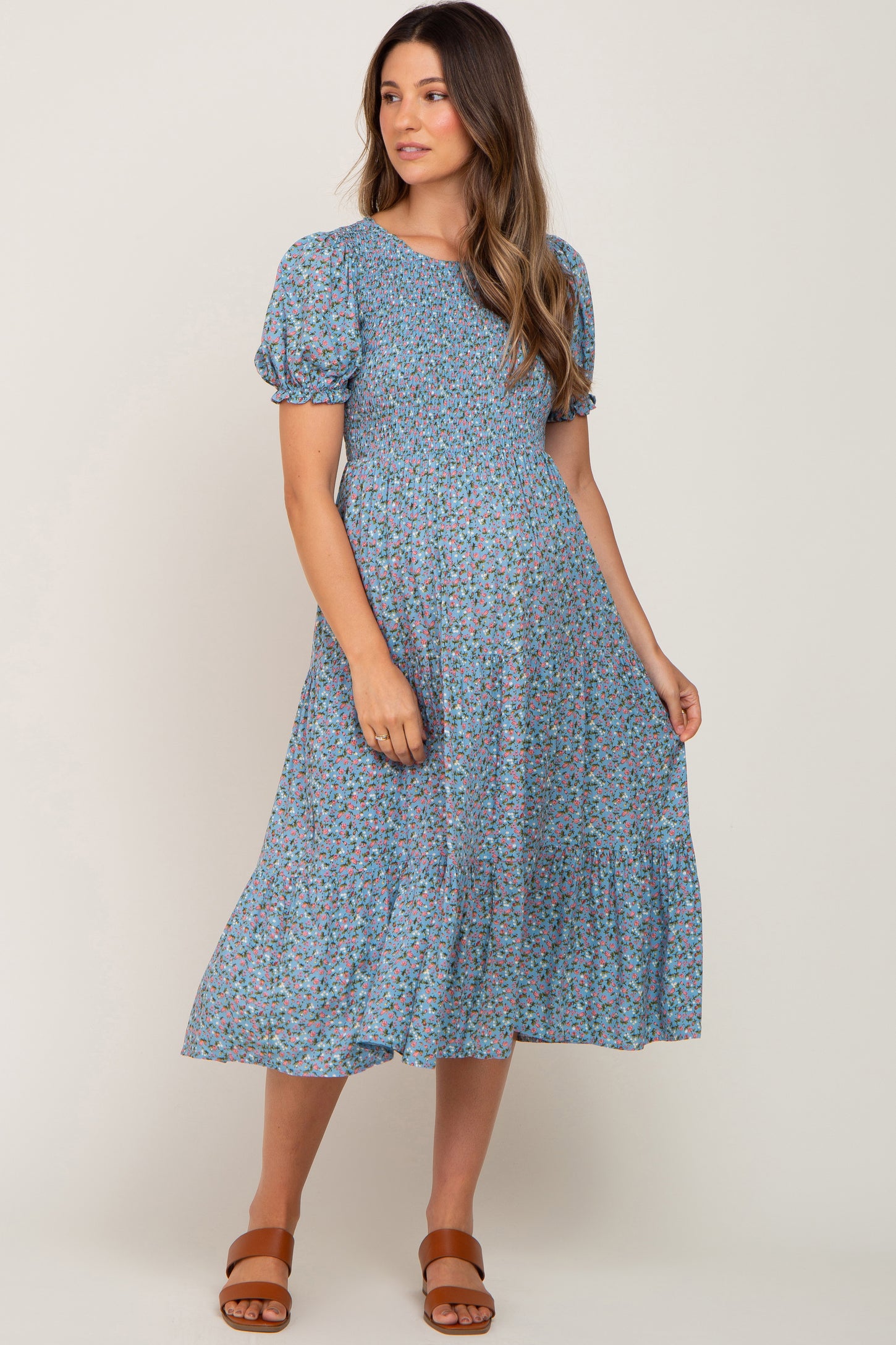 Blue Floral Smocked Maternity Midi Dress – PinkBlush