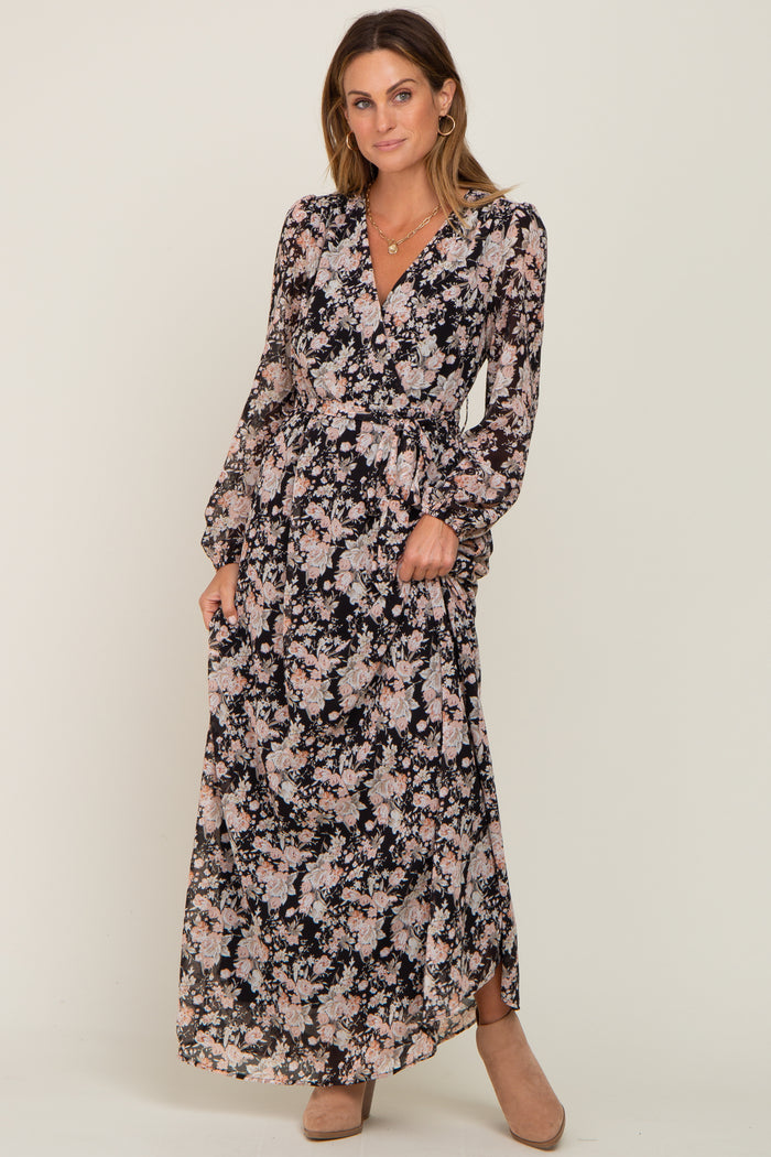 Black Floral Chiffon Maxi Dress