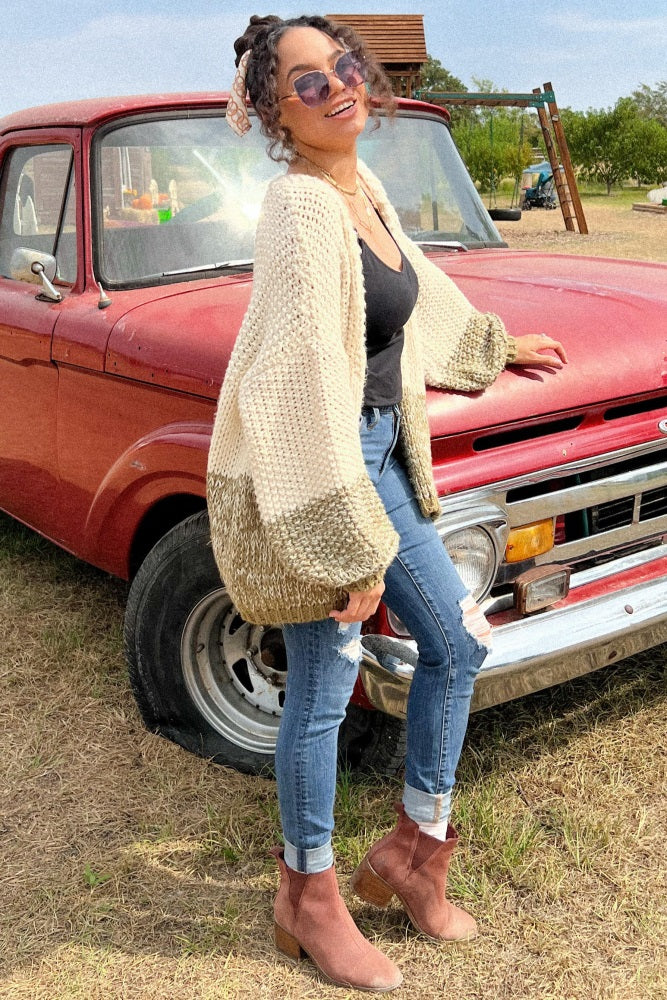 Olive Open Knit Color Block Cardigan