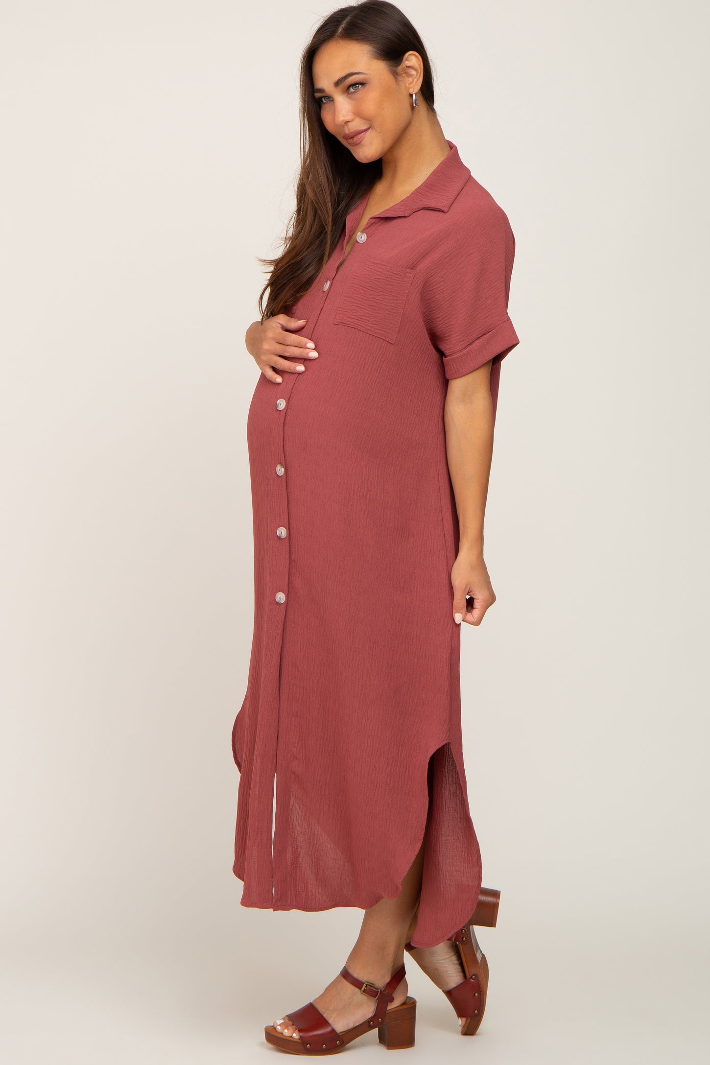 Rust Button Down Hi Low Maternity Maxi Dress