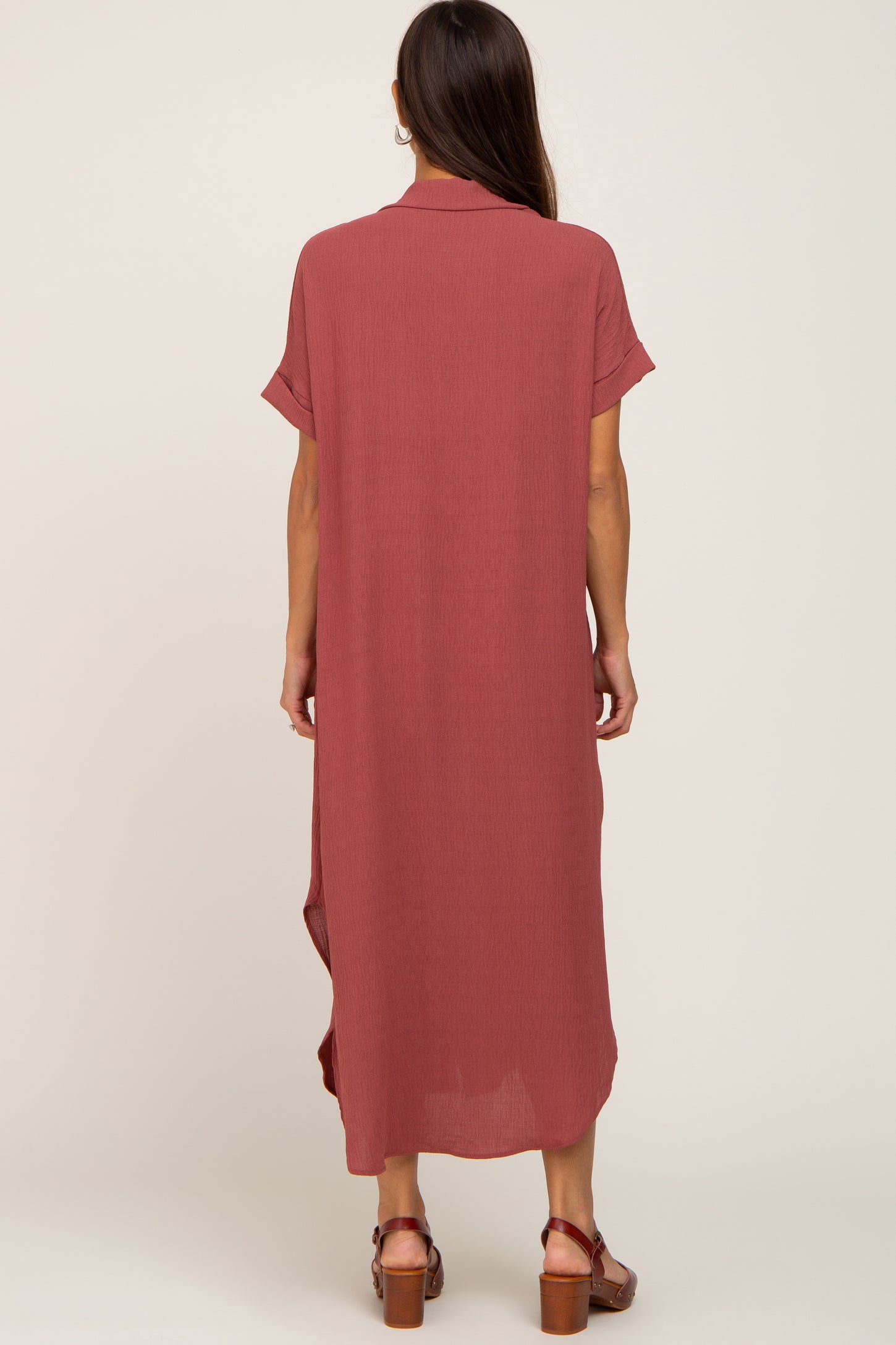 Rust Button Down Hi Low Maternity Maxi Dress