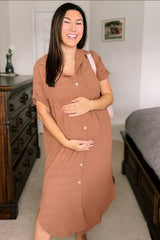 Camel Button Down Hi Low Maternity Maxi Dress