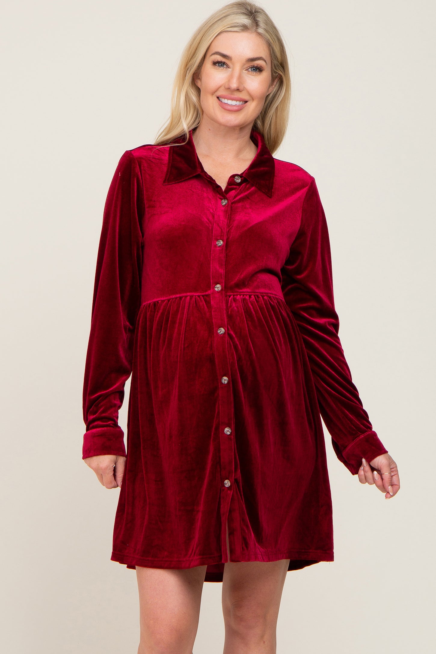 Burgundy Velvet Button Down Maternity Mini Dress PinkBlush Burgundy Velvet Button Down Maternity Mini Dress PinkBlush