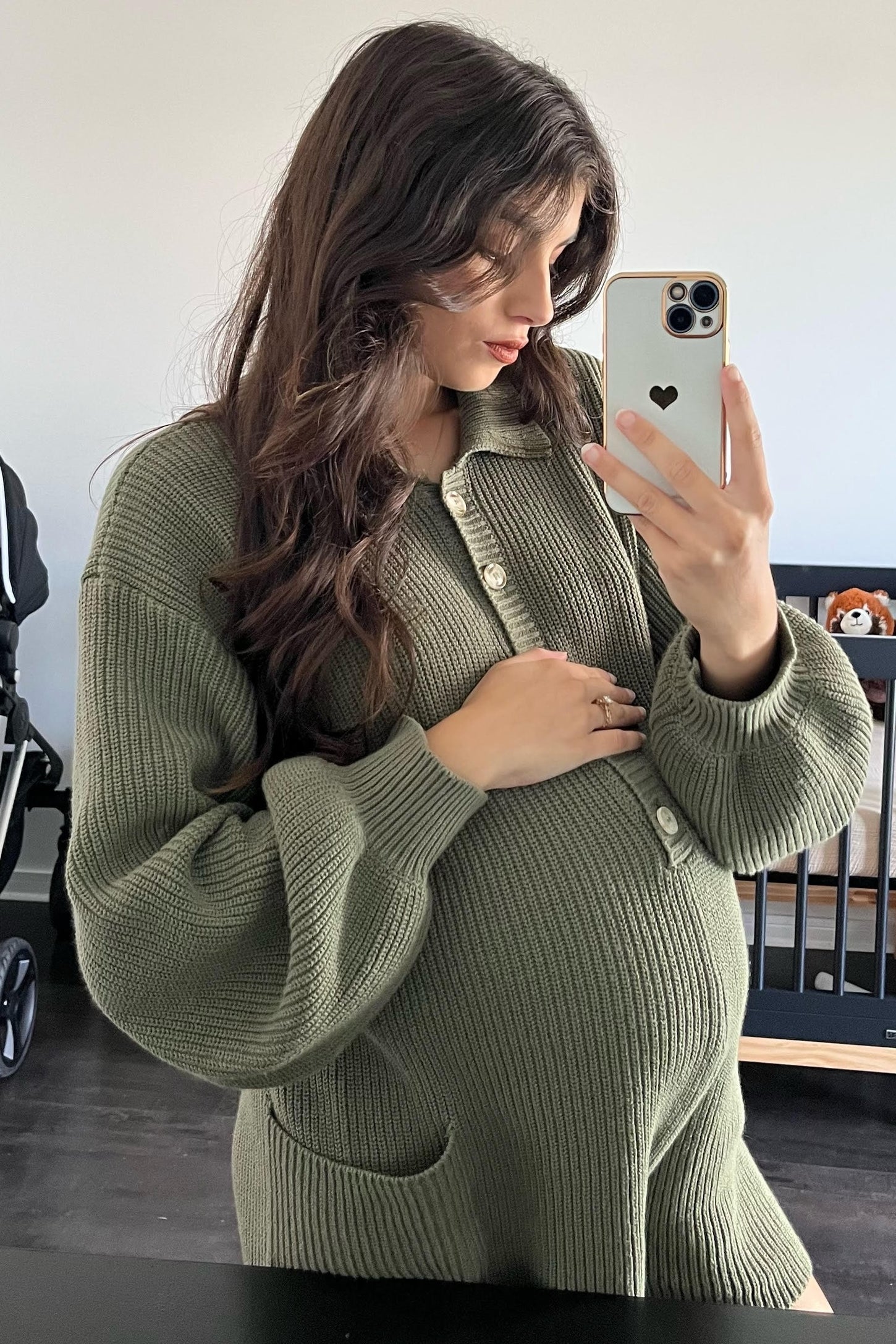 Olive Button Down Maternity Sweater Romper