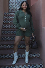 Olive Button Down Maternity Sweater Romper