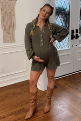 Olive Button Down Maternity Sweater Romper