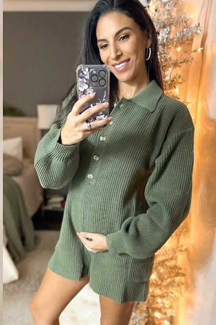 Olive Button Down Maternity Sweater Romper