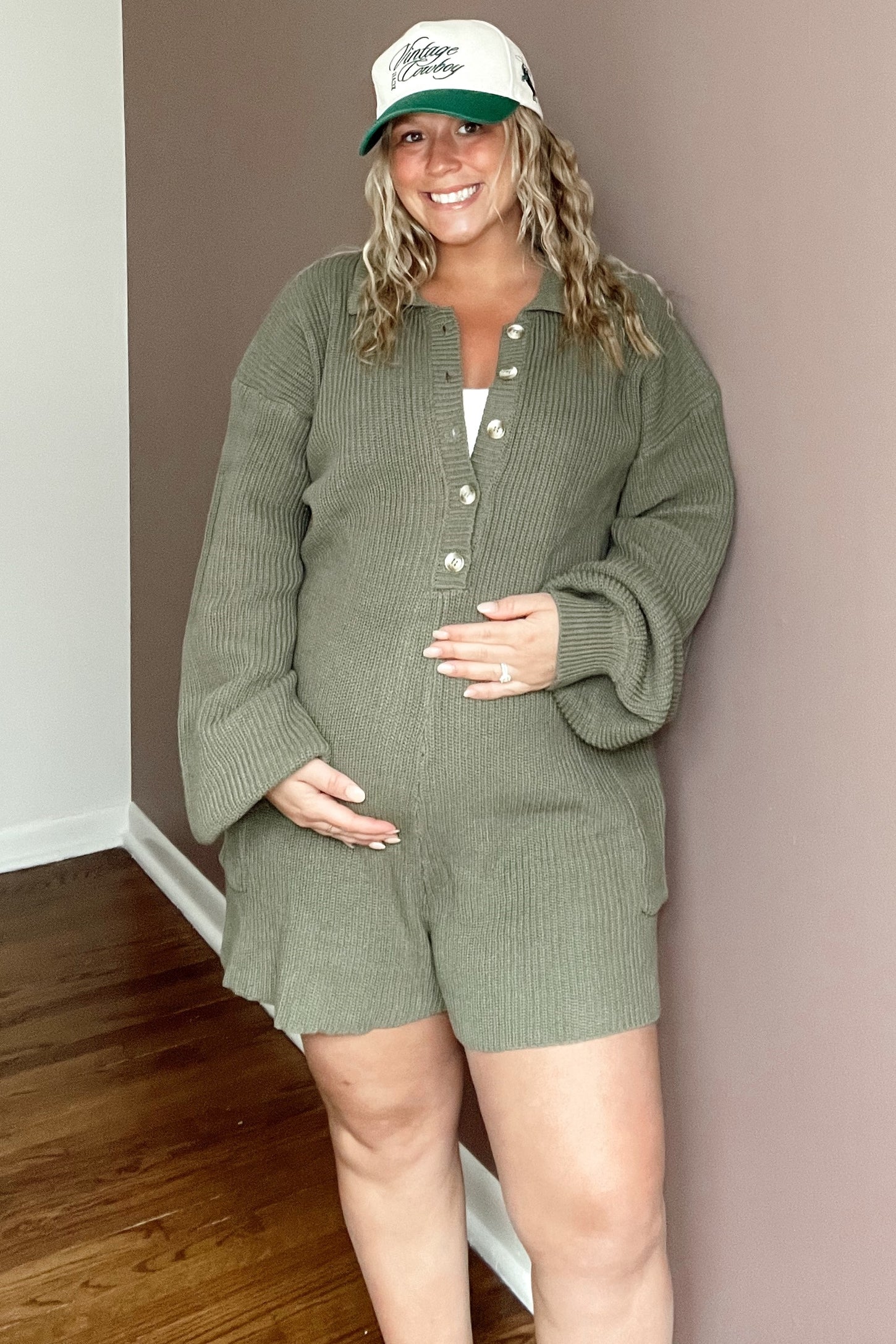 Olive Button Down Maternity Sweater Romper