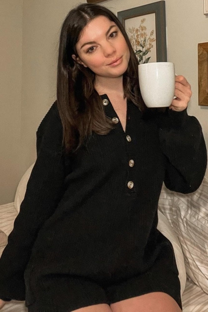Black Button Down Sweater Romper