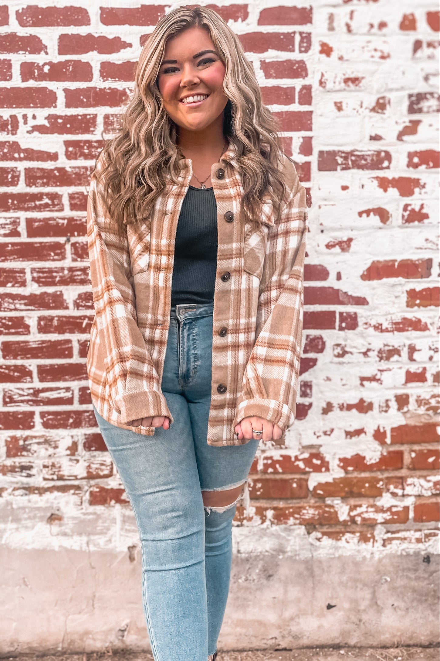 Light Mocha Plaid Front Pocket Shacket