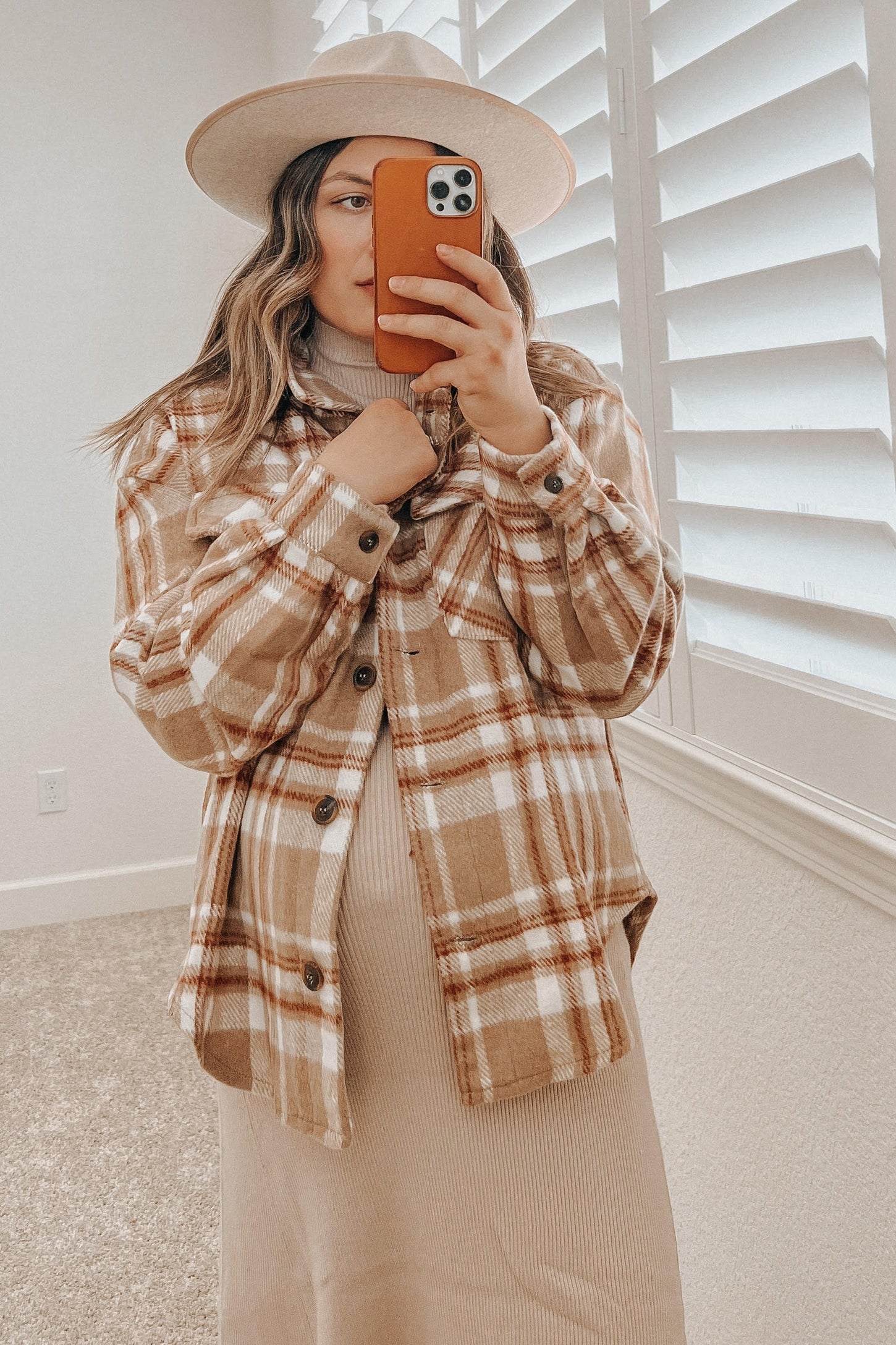 Light Mocha Plaid Front Pocket Maternity Shacket