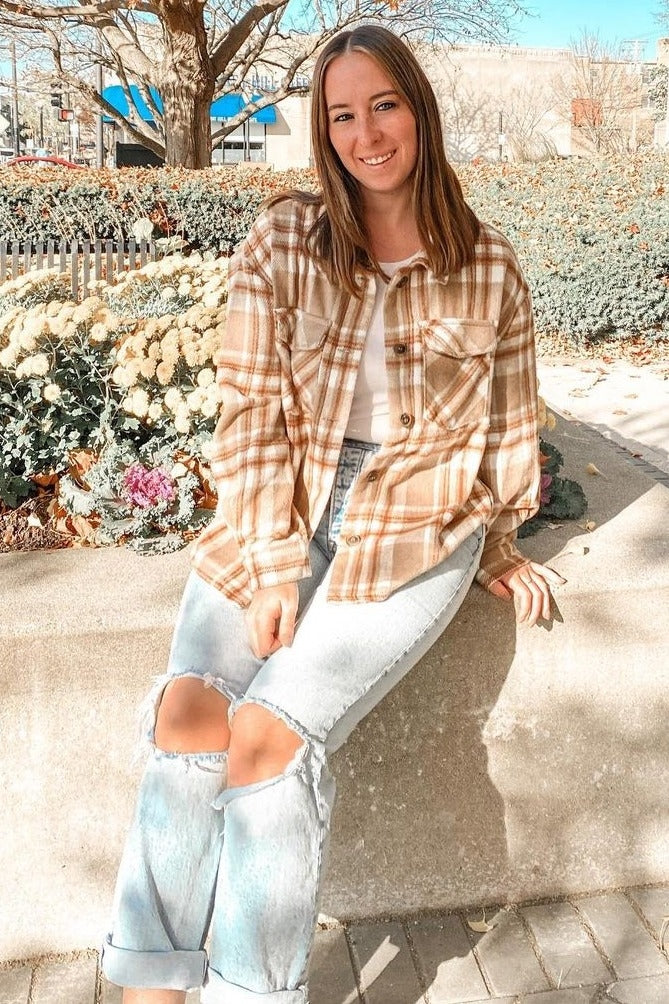 Light Mocha Plaid Front Pocket Shacket