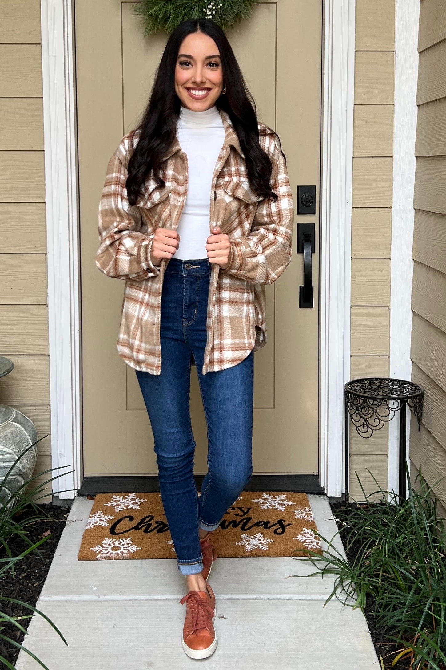 Light Mocha Plaid Front Pocket Shacket