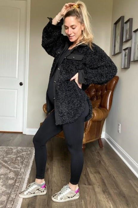 Black Contrast Oversized Sherpa Maternity Coat