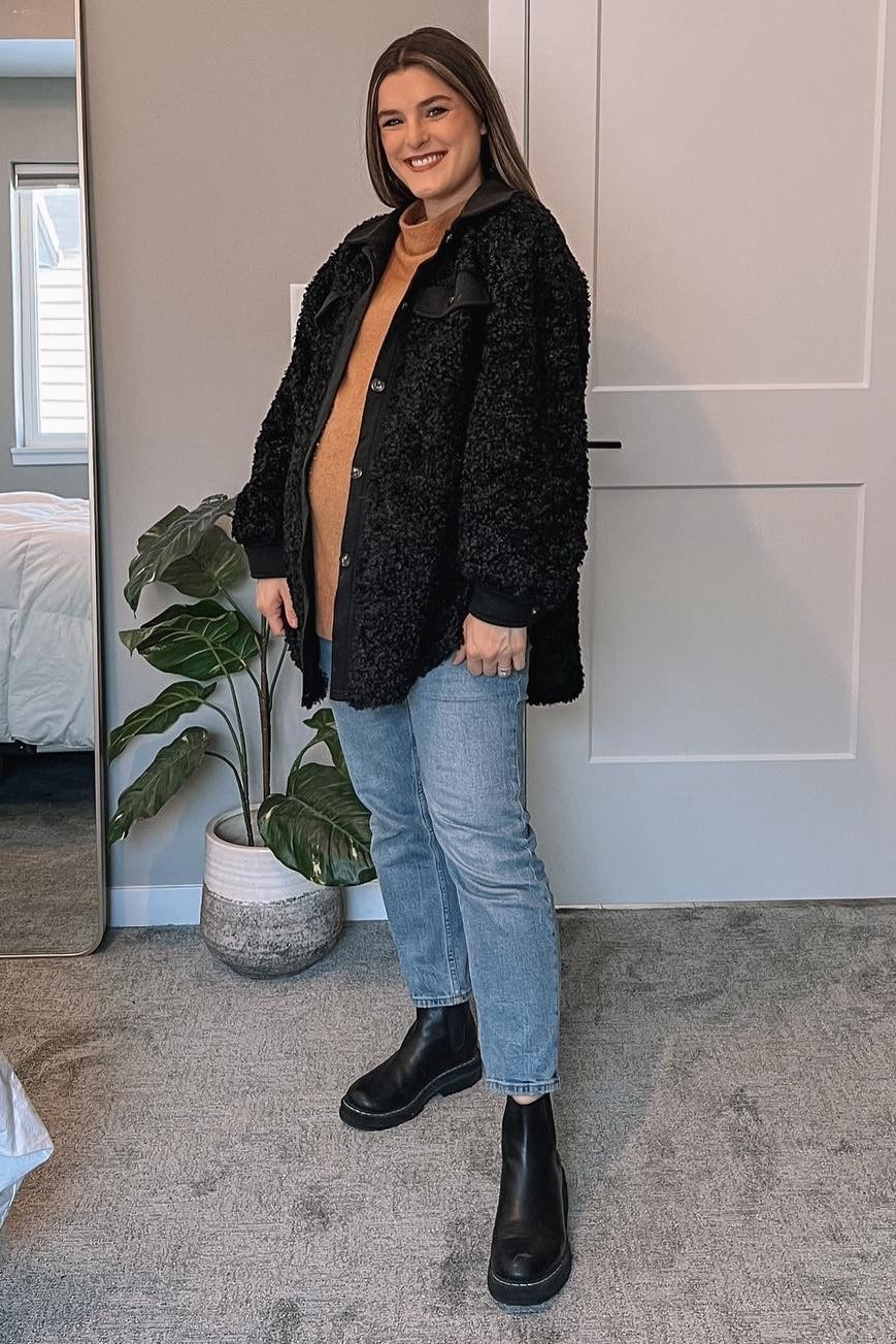Black Contrast Oversized Sherpa Maternity Coat