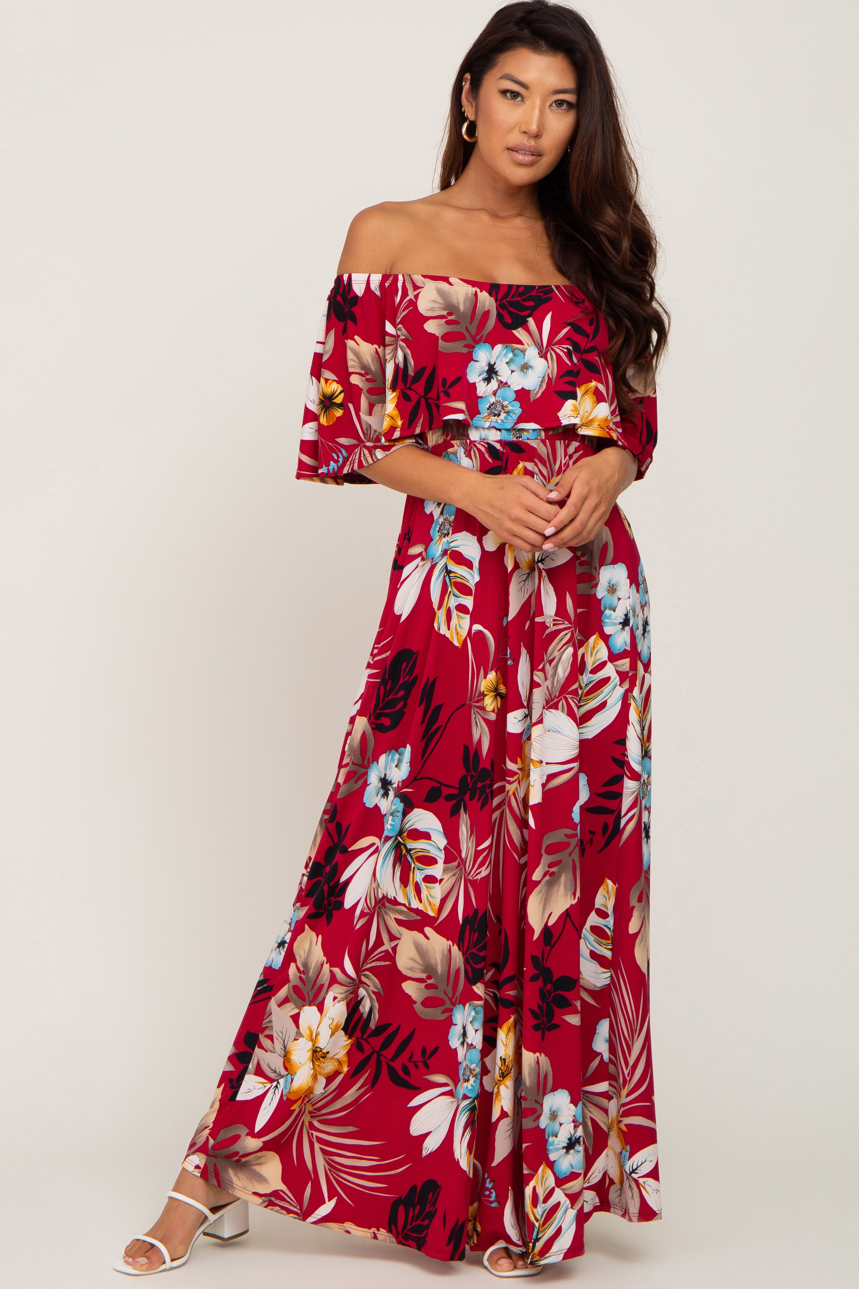 red floral off the shoulder dress Burgundy Floral Flounce Off Shoulder Maternity Maxi Dress Small