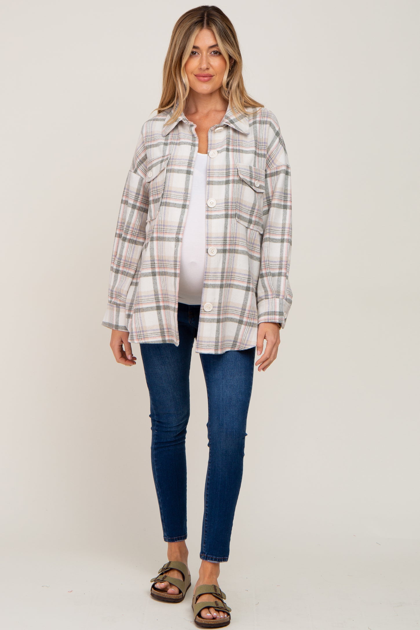 Ivory Plaid Maternity Shirt Jacket