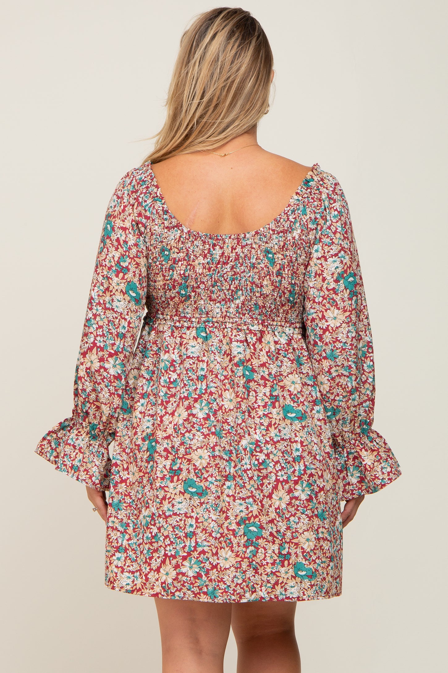 Burgundy Floral Smocked Ruffle Accent Maternity Plus Dress