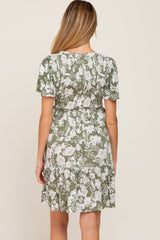 Light Olive Floral Smocked Ruffle Accent Maternity Dress