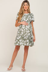 Light Olive Floral Smocked Ruffle Accent Maternity Dress