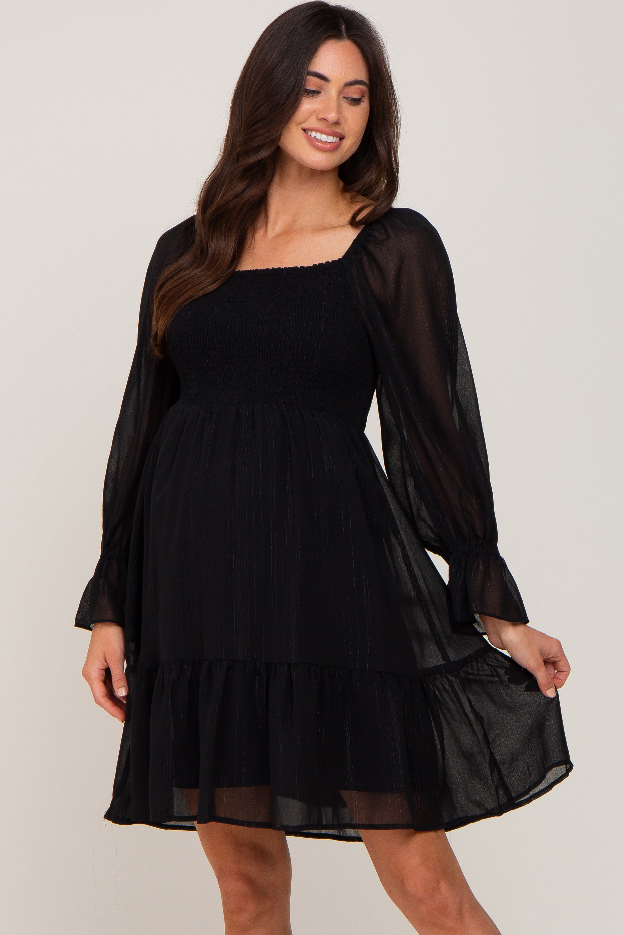 knee length dresses for ladies Black Metallic Stripe Smocked Maternity Dress – PinkBlush