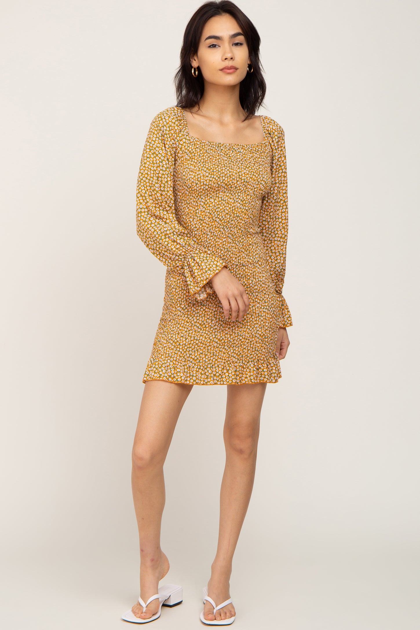 Yellow Ditsy Floral Smocked Long Sleeve Mini Dress PinkBlush Yellow Ditsy Floral Smocked Long Sleeve Mini Dress PinkBlush