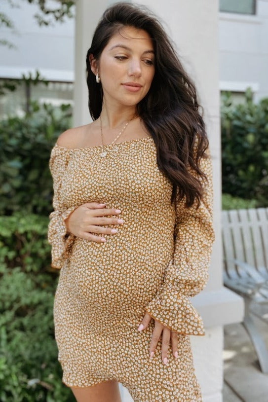 mini yellow maternity dress Yellow Ditsy Floral Smocked Long Sleeve Maternity Mini Dress PinkBlush