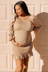 Yellow Ditsy Floral Smocked Long Sleeve Maternity Mini Dress