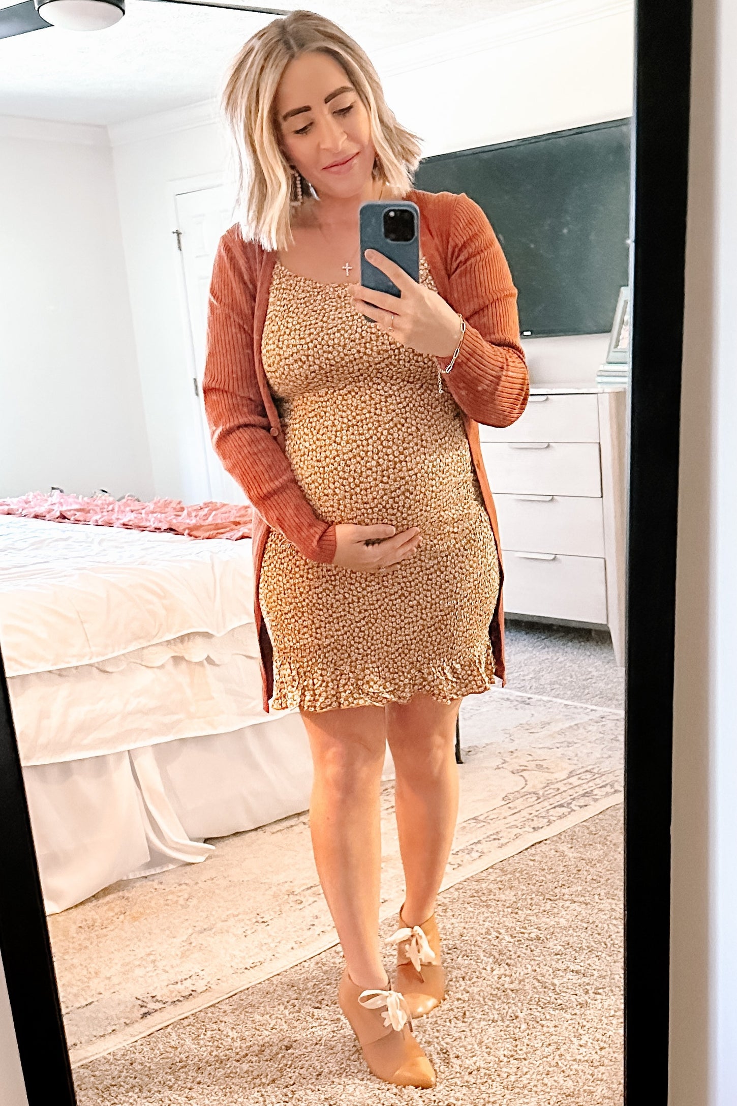 Yellow Ditsy Floral Smocked Long Sleeve Maternity Mini Dress