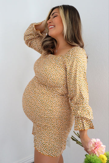 Yellow Ditsy Floral Smocked Long Sleeve Maternity Mini Dress