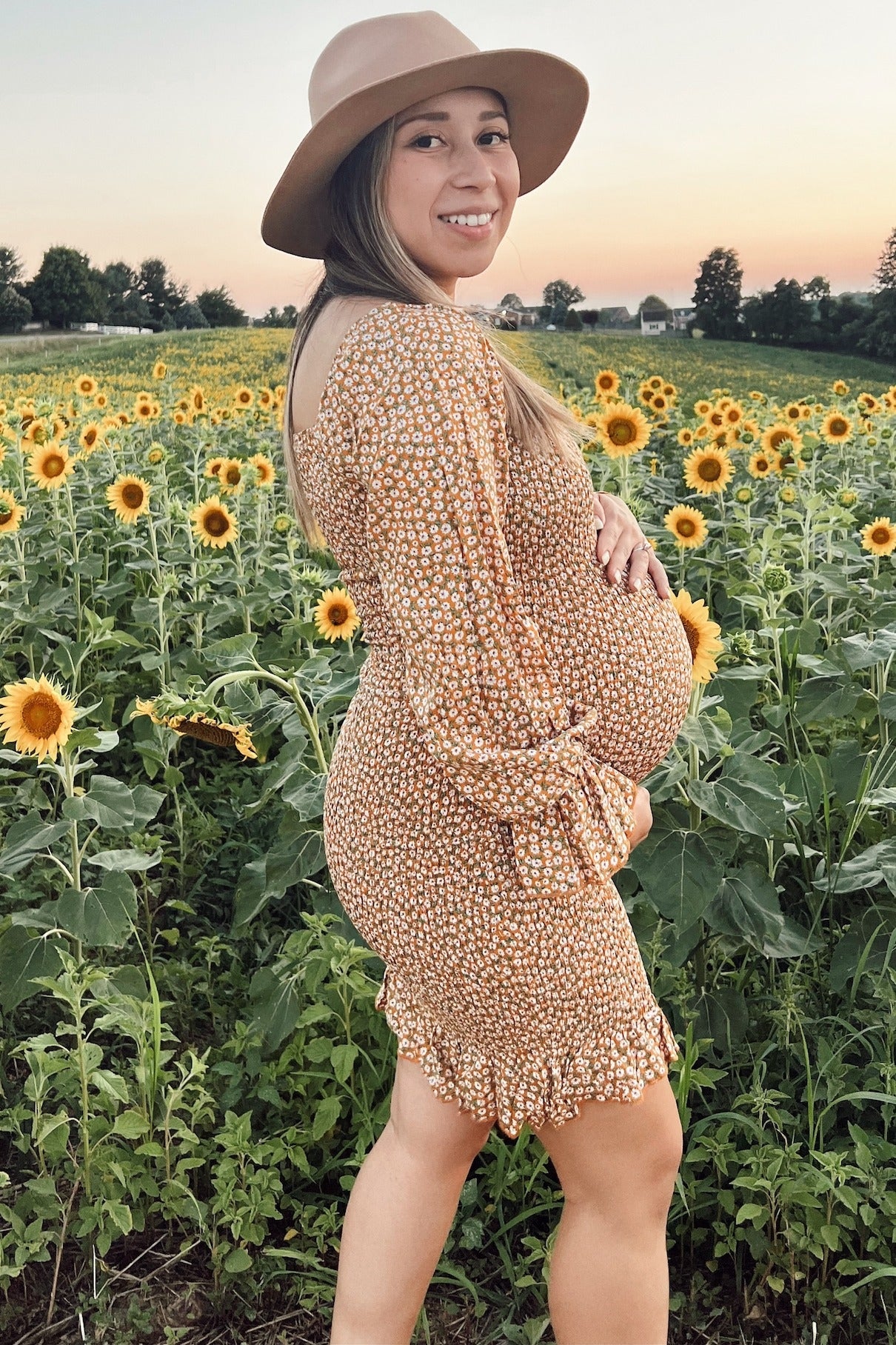 Yellow Ditsy Floral Smocked Long Sleeve Maternity Mini Dress