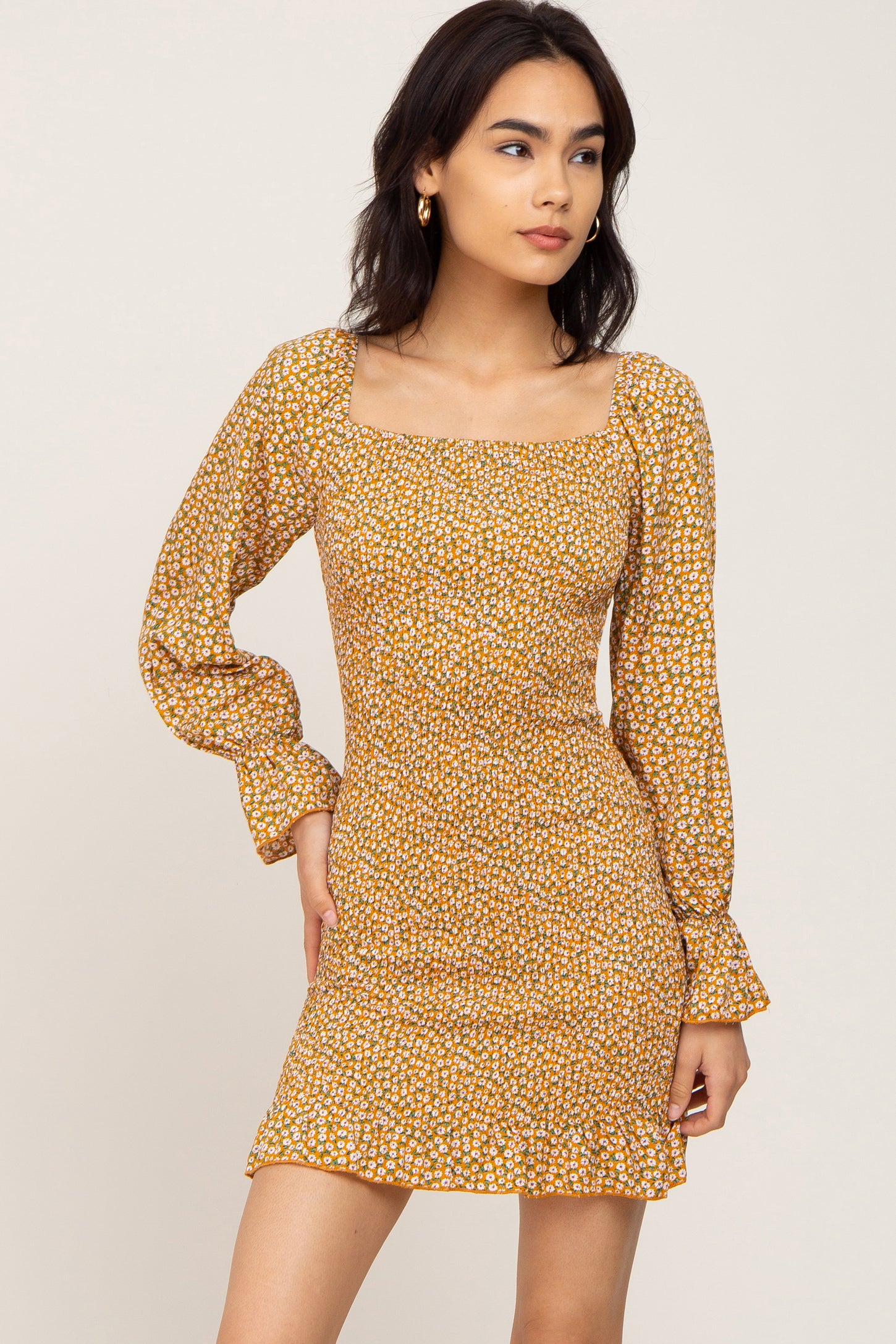 Yellow Ditsy Floral Smocked Long Sleeve Maternity Mini Dress Small Yellow Ditsy Floral Smocked Long Sleeve Maternity Mini Dress Small