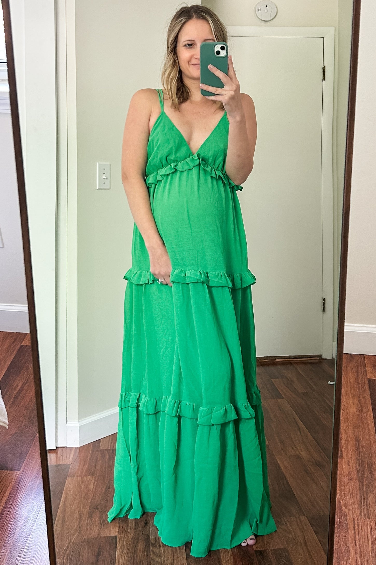 Green Ruffle Tier Cross Back Maternity Maxi Dress