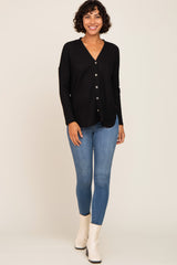 Black Waffle Knit Button Down Top