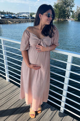 Mocha Front Tie Ruffle Sleeve Maternity Midi Dress