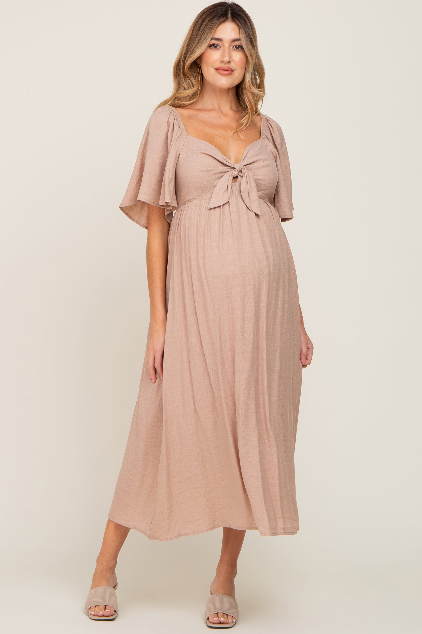 PinkBlush Mocha Front Tie Ruffle Sleeve Maternity Midi Dress XL PinkBlush Mocha Front Tie Ruffle Sleeve Maternity Midi Dress XL