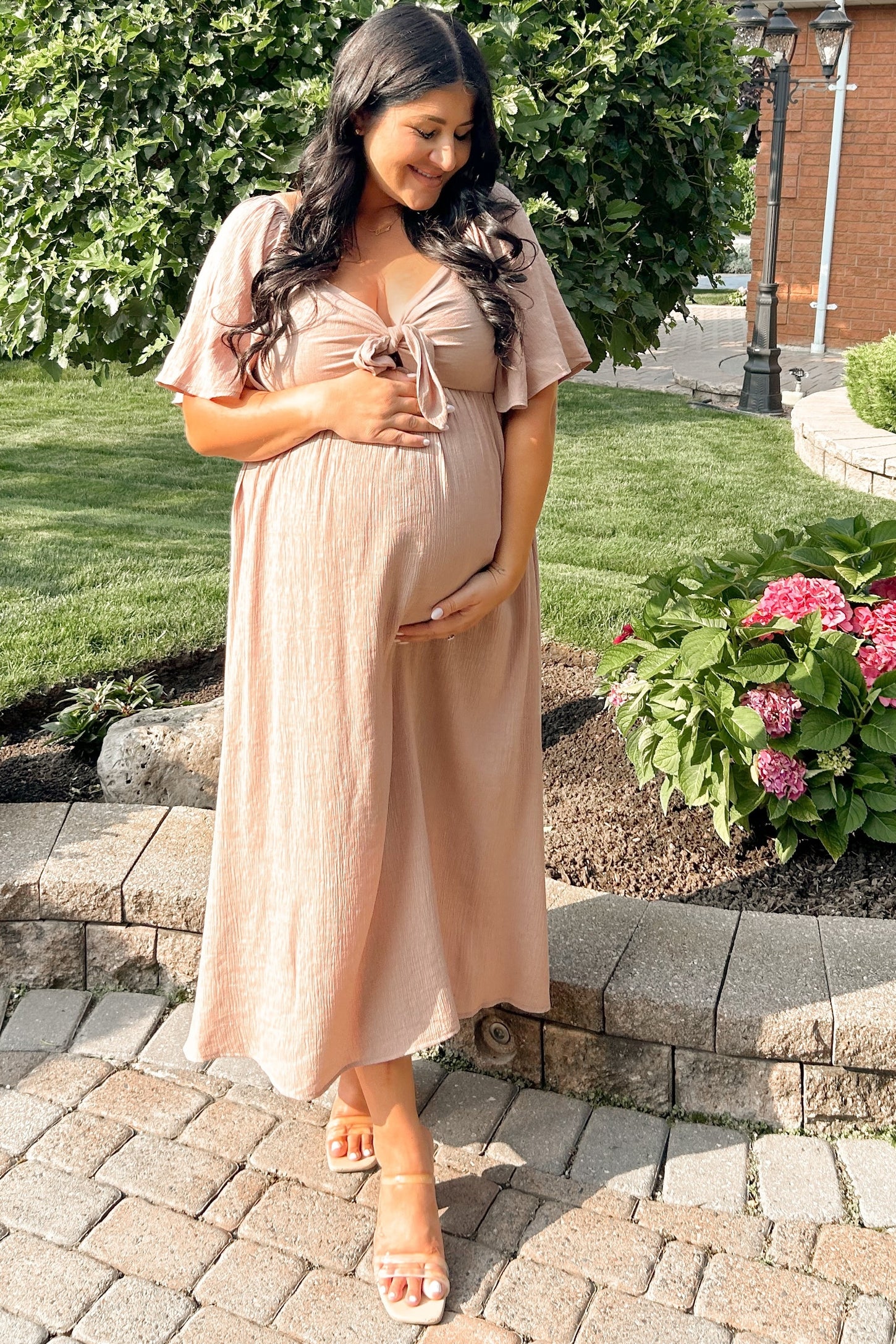 Mocha Front Tie Ruffle Sleeve Maternity Midi Dress – PinkBlush Mocha Front Tie Ruffle Sleeve Maternity Midi Dress – PinkBlush