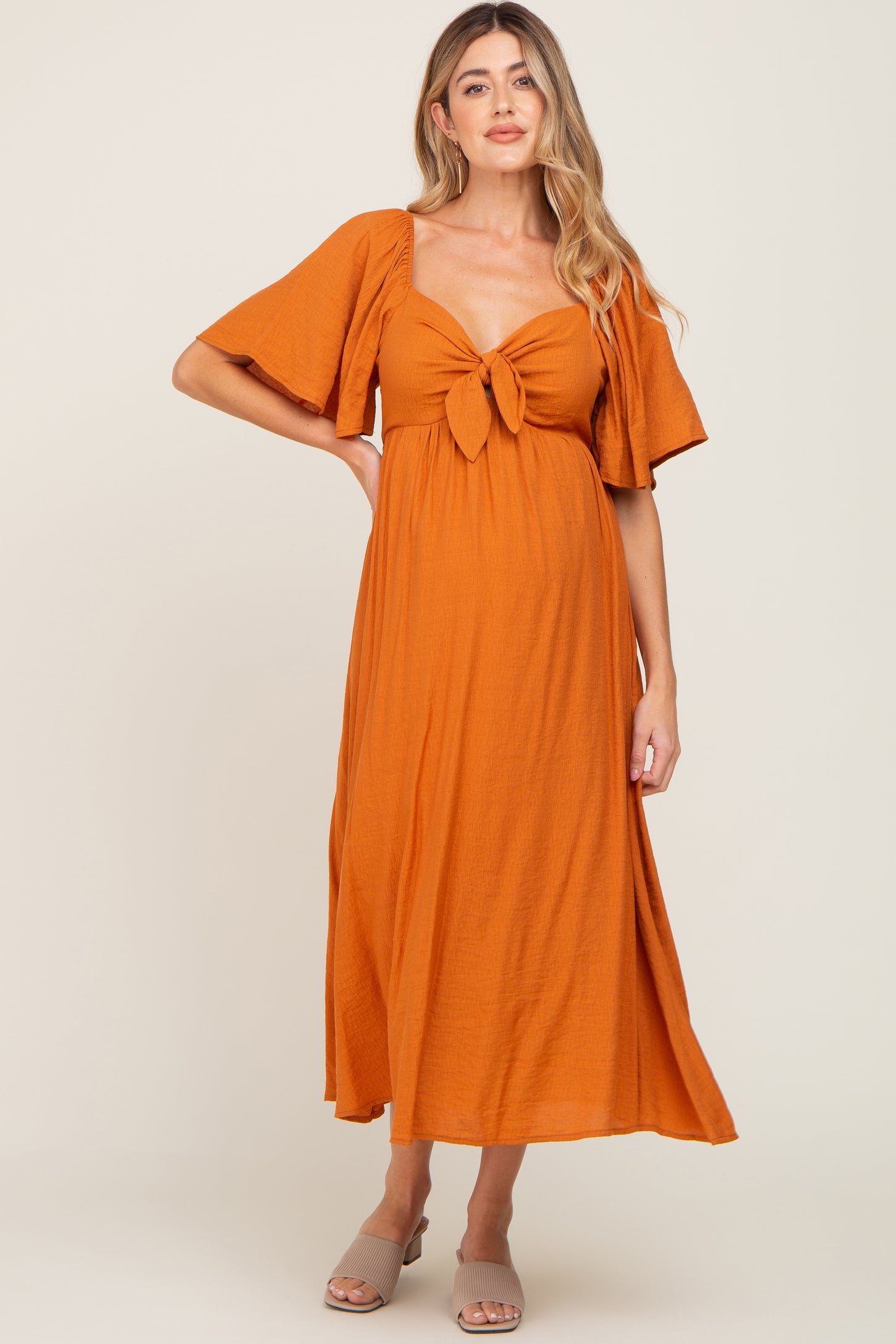 Rust Front Tie Ruffle Sleeve Maternity Midi Dress