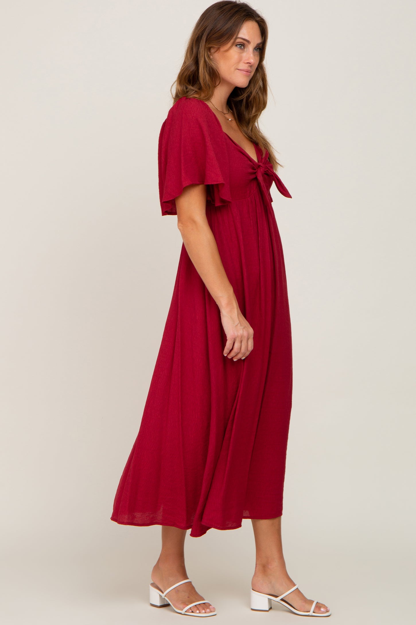 PinkBlush Burgundy Front Tie Ruffle Sleeve Maternity Midi Dress Small