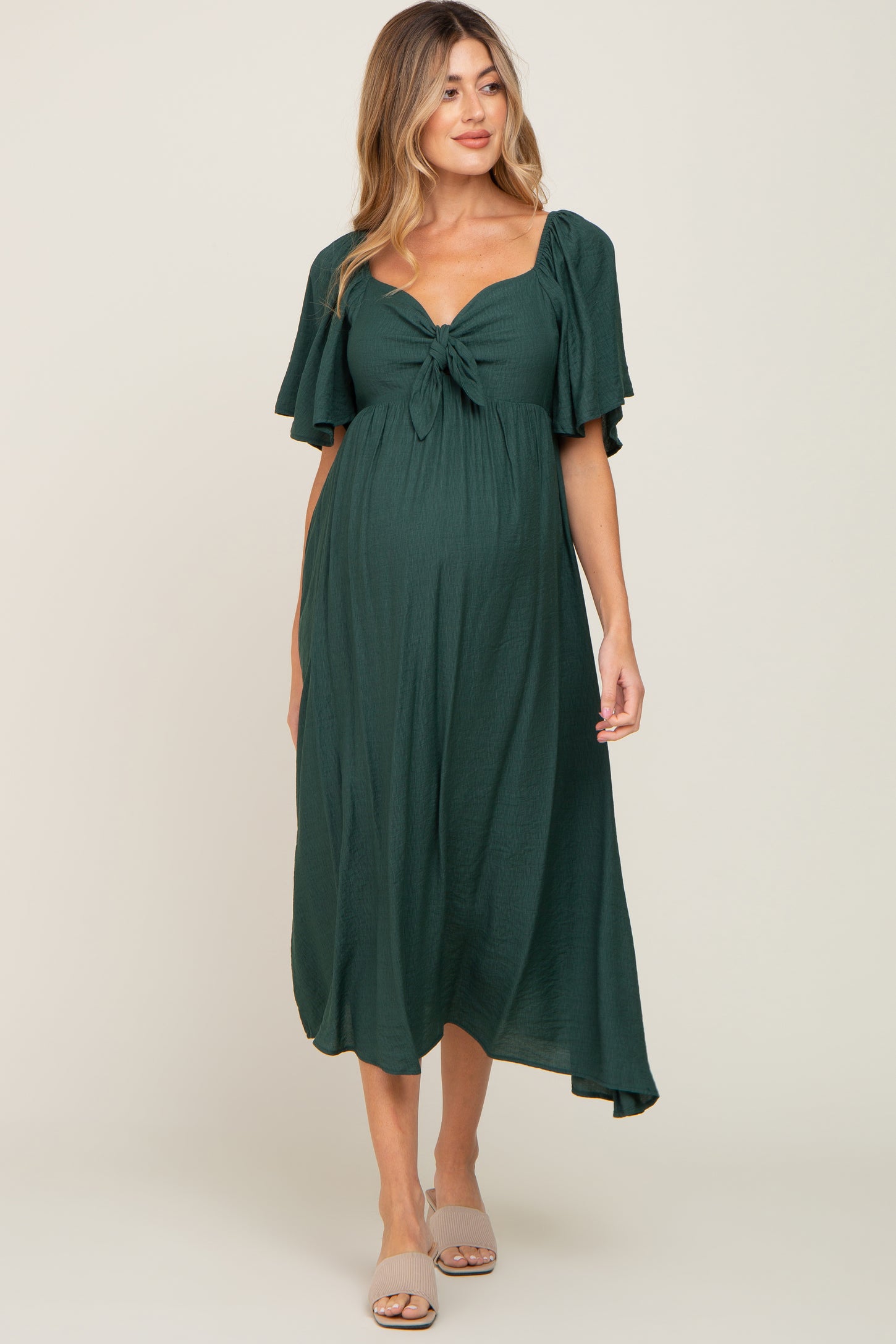 Hunter Green Front Tie Ruffle Sleeve Maternity Midi Dress Hunter Green Front Tie Ruffle Sleeve Maternity Midi Dress