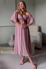 Mauve Front Tie Ruffle Sleeve Maternity Midi Dress