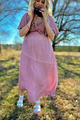 Mauve Front Tie Ruffle Sleeve Maternity Midi Dress