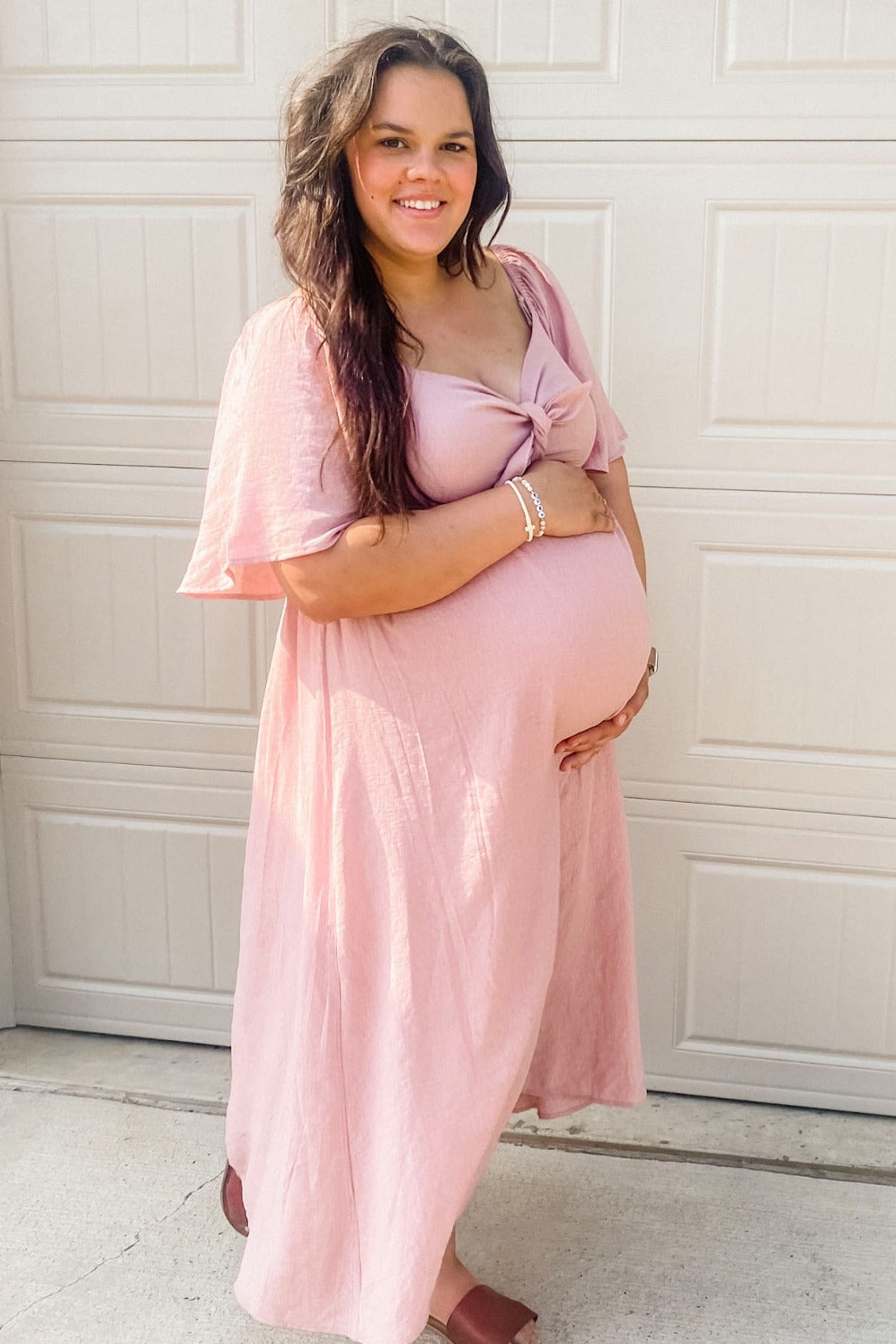 Mauve Front Tie Ruffle Sleeve Maternity Midi Dress